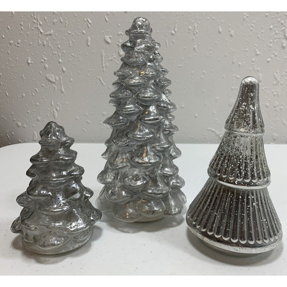 Set of 3 Illuminated Mercury Glass Christmas Trees Lighted Flickering